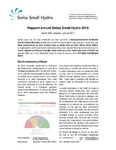 Rapport Annuel Swiss Small Hydro 2016